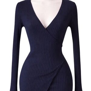 Deep V Wrap Dress Y2K Charlotte Russe Made USA Ribbed Stretch Midi S Navy